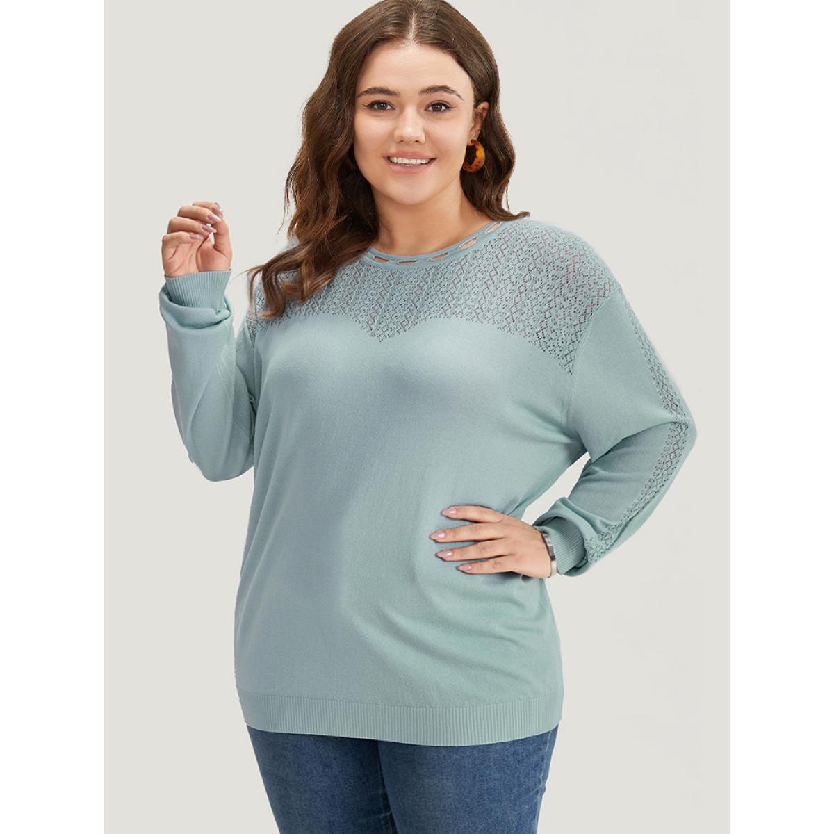 Plus Size Plain Eyelet Patchwork Drop Shoulder Pullover LightBlue Women Casual Loose Long Sleeve Round Neck Dailywear Pullovers BloomChic 22-24/3X Product Image