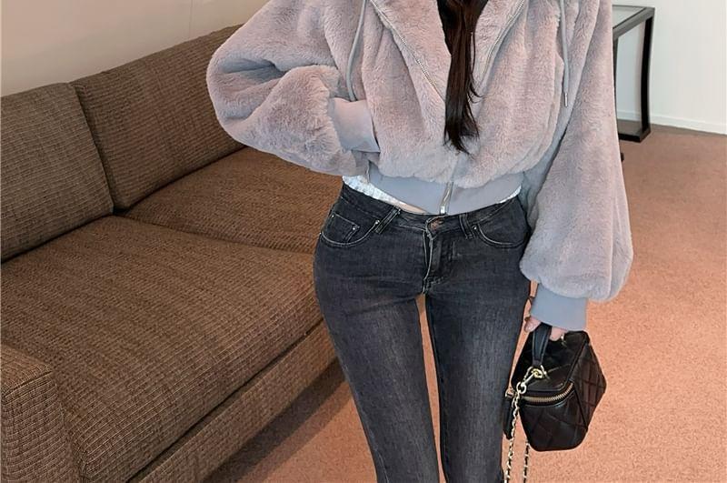 Plain Fluffy Zip-Up Crop Hoodie Product Image