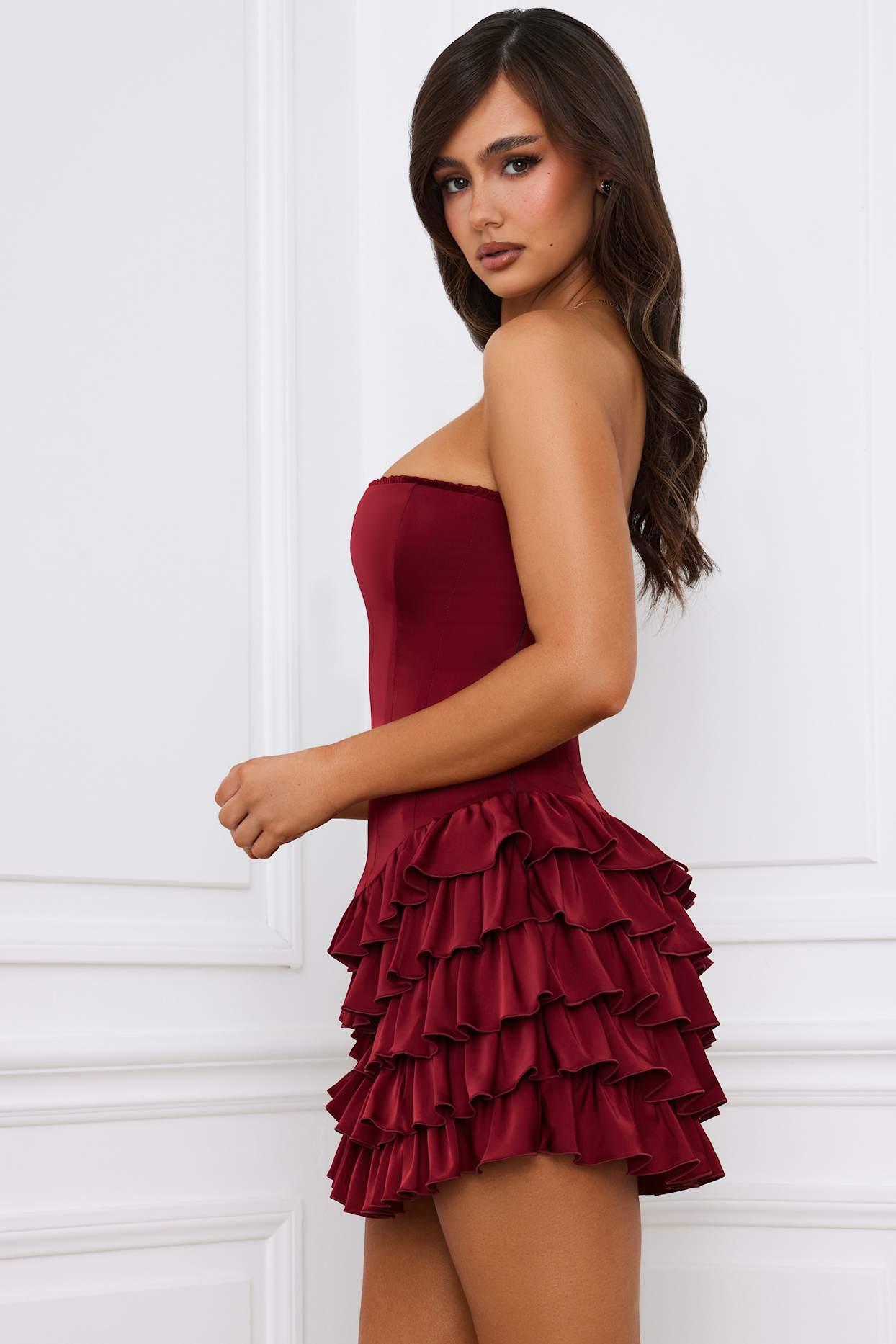 Bandeau Ruffled Tiered Corset Mini Dress in Berry Red Product Image