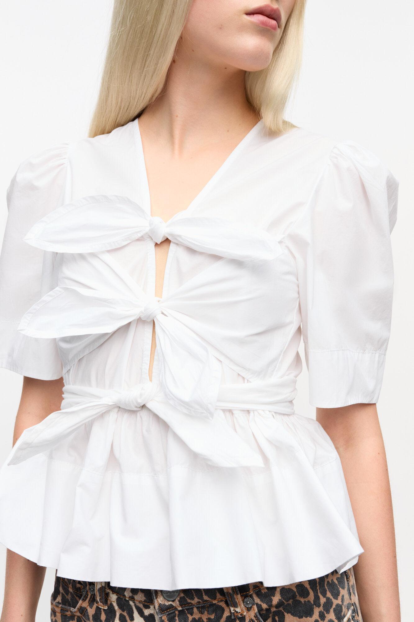 White Washed Stretch Cotton Tie Strap Blouse Product Image