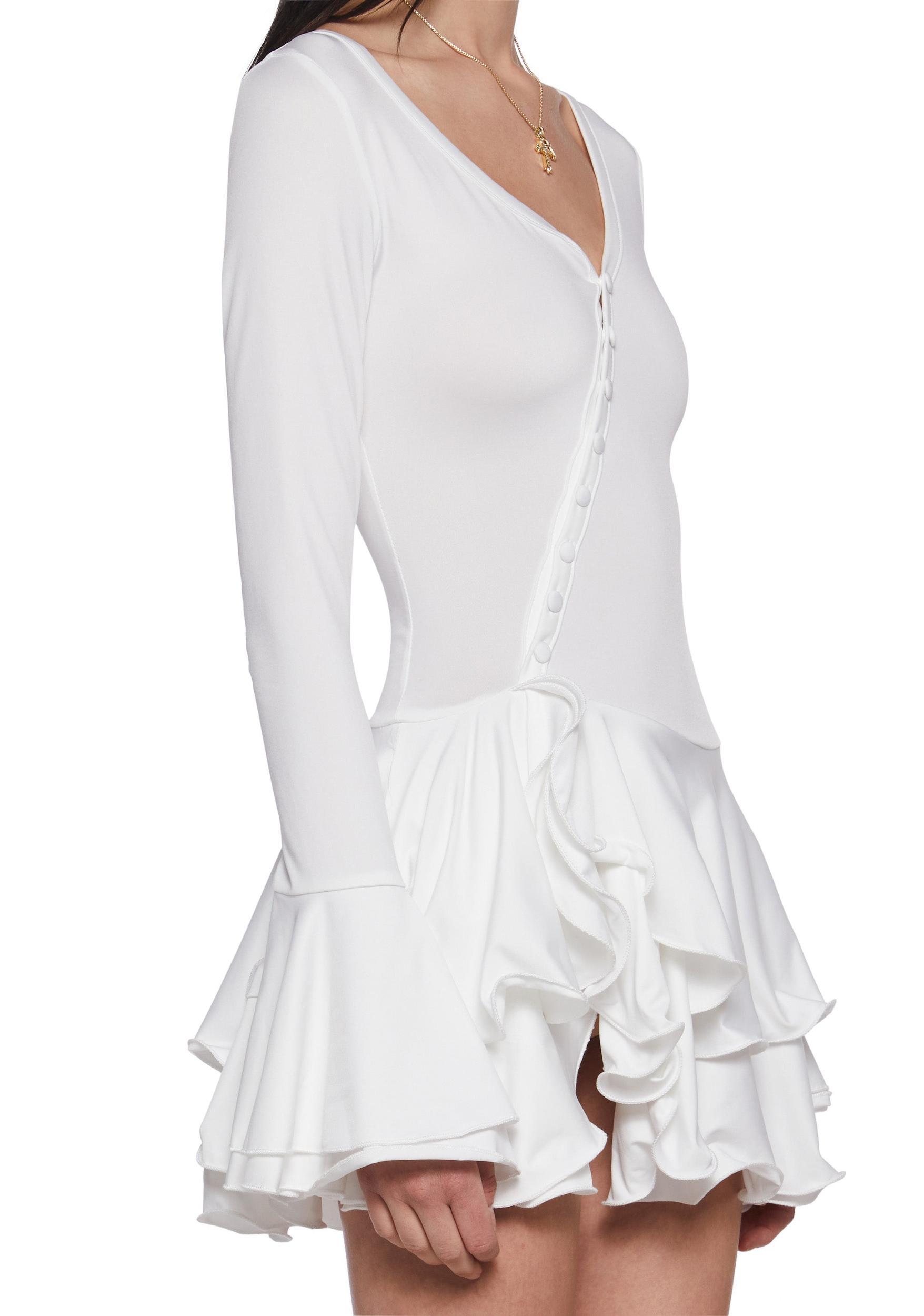 Womens Sexy Ruffled Button Mini Dress - White Product Image