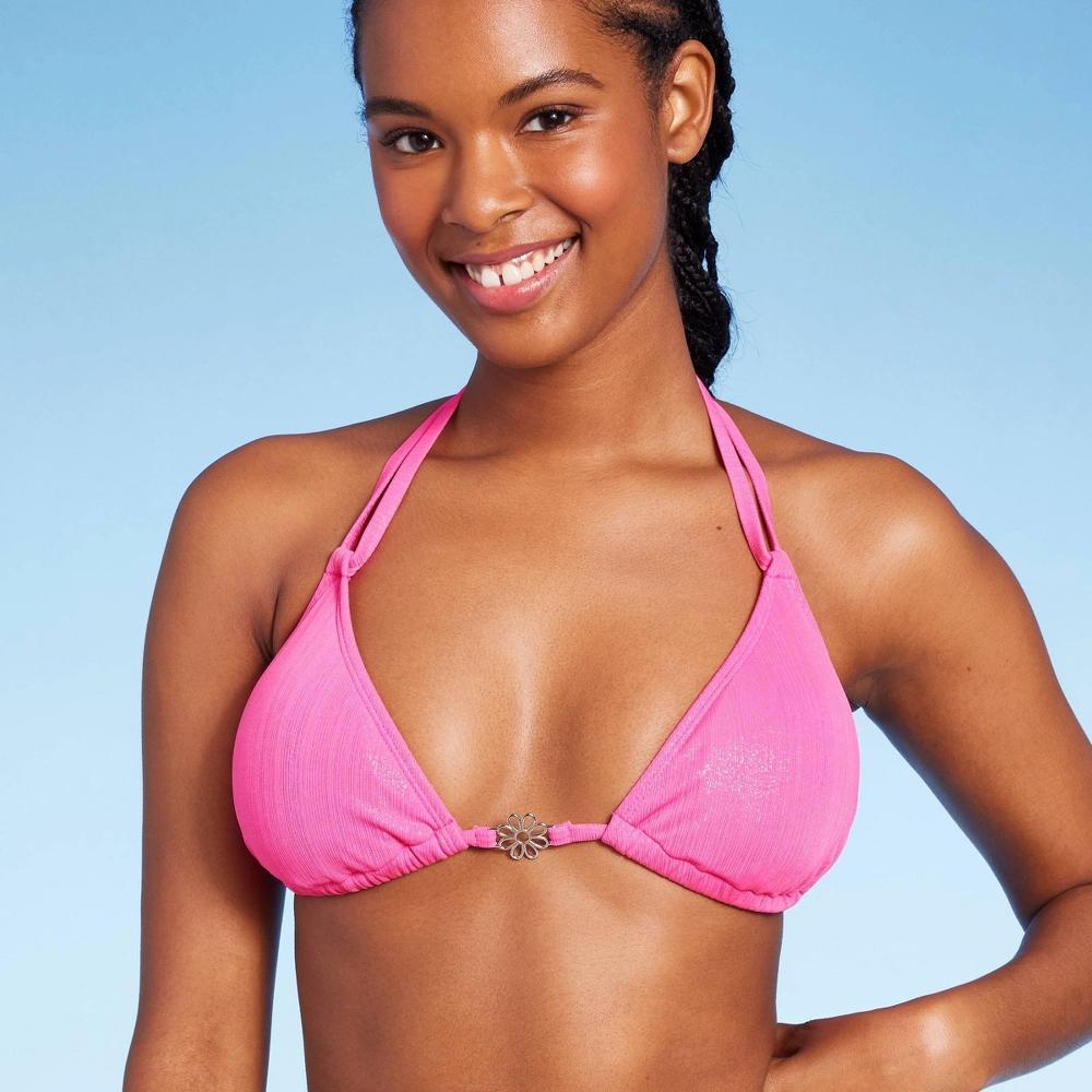 Women's Flower Charm Lurex Plisse Textured Triangle Bikini Top - Wild Fable™ Pink S Product Image