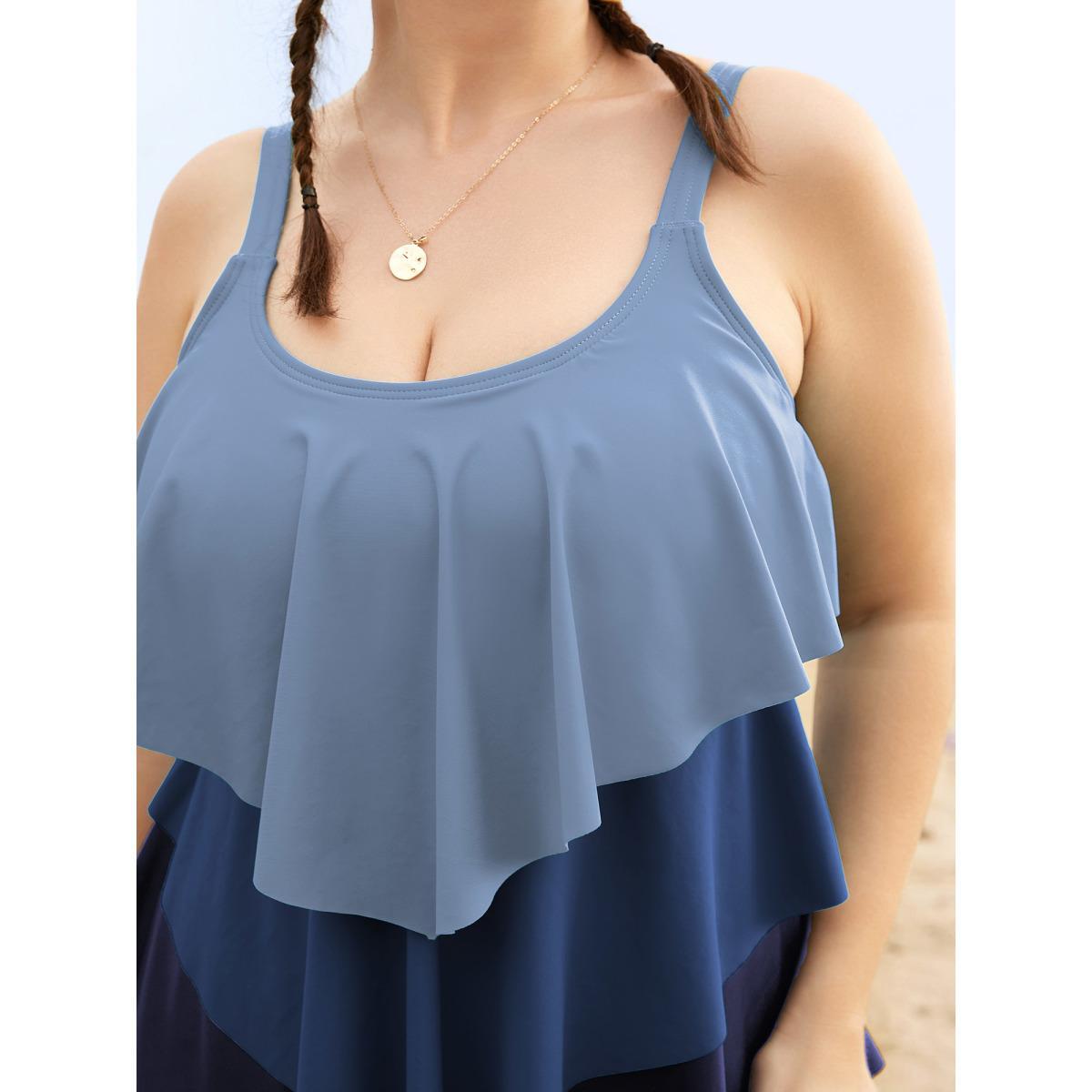 Plus Size Colorblock Contrast Ruffle Layered Hem Tankini Top Women's Swimwear Indigo Beach Non High stretch Bodycon U-neck Curve Swim Tops BloomChic 14-16/1X Product Image
