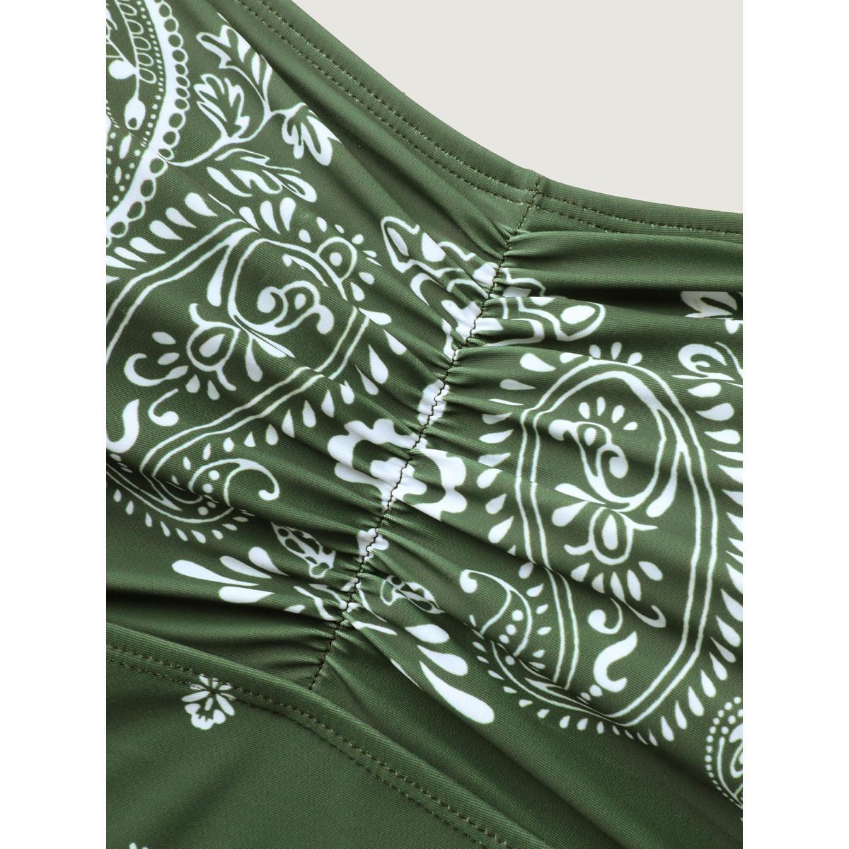 Plus Size Paisley Print Ruched One-Piece Swimsuit Women's Swimwear ArmyGreen Beach Gathered Curve Bathing Suits High stretch One Pieces BloomChic 14-16/1X Product Image