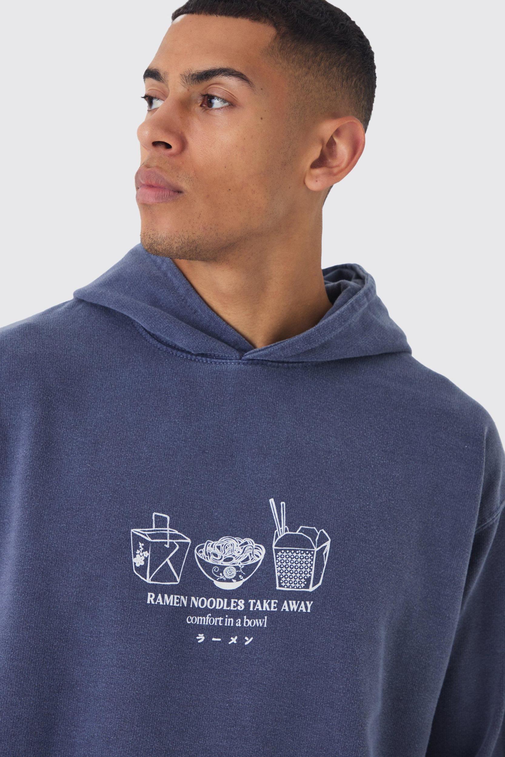 Regular Fit Ramen Noodles Line Drawn Graphic Washed Hoodie | boohooMAN USA Product Image