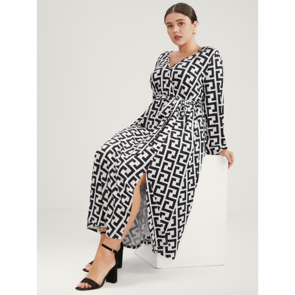 Plus Size Geometric Pocket Wrap Split Belted Maxi Dress Black Women Office Belted V-neck Long Sleeve Curvy Long Dress BloomChic 12/L Product Image