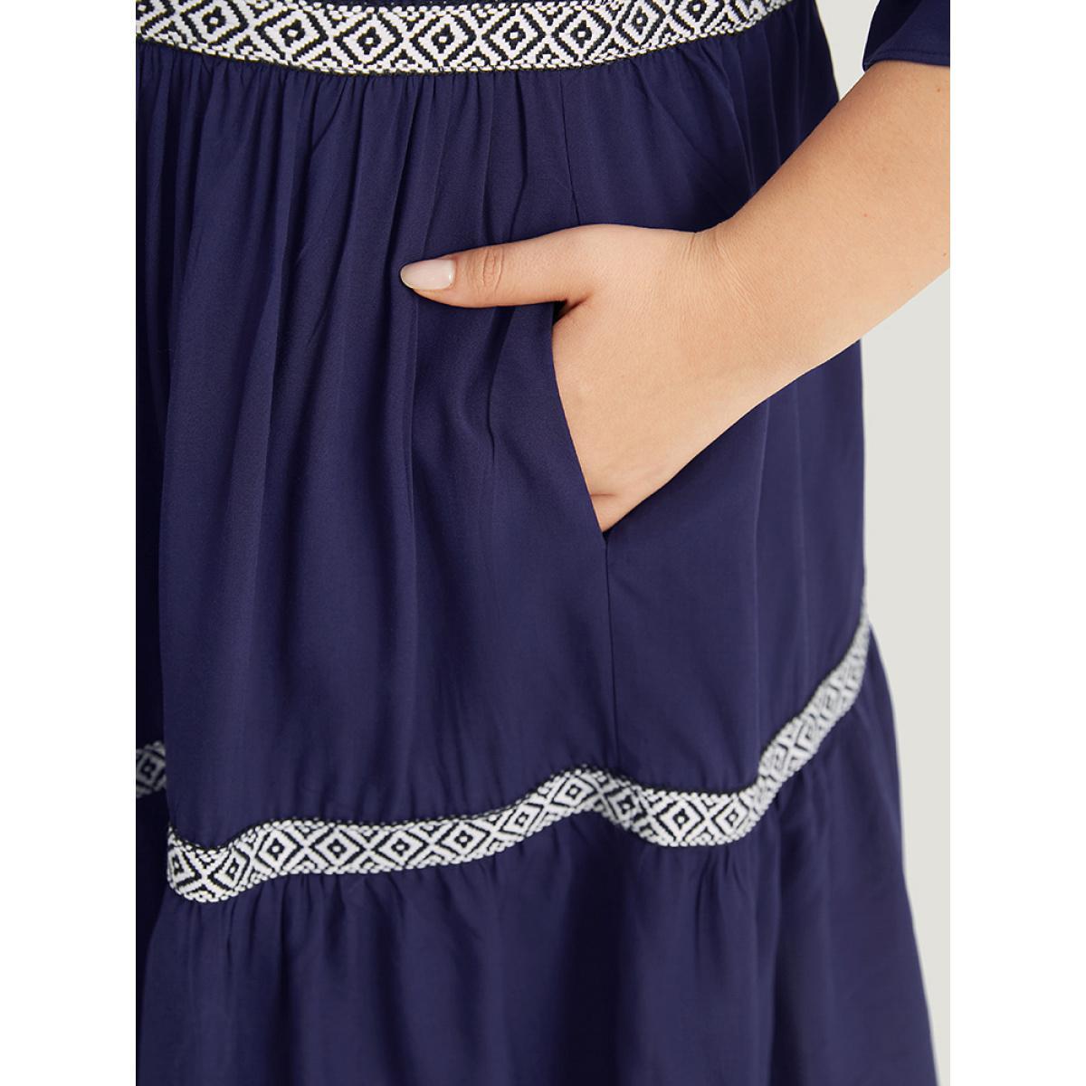 Plus Size Geometric Trim Notched Bell Sleeve Dress DarkBlue Women Vacation Pleated Notched collar Half Sleeve Curvy Midi Dress BloomChic 10/M Product Image
