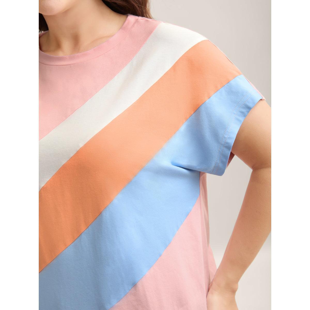 Plus Size Pure Cotton Colorful Stripes T-Shirt Multicolor Women Contrast Round Neck Everyday-Casual T-shirts BloomChic 28/5X Product Image