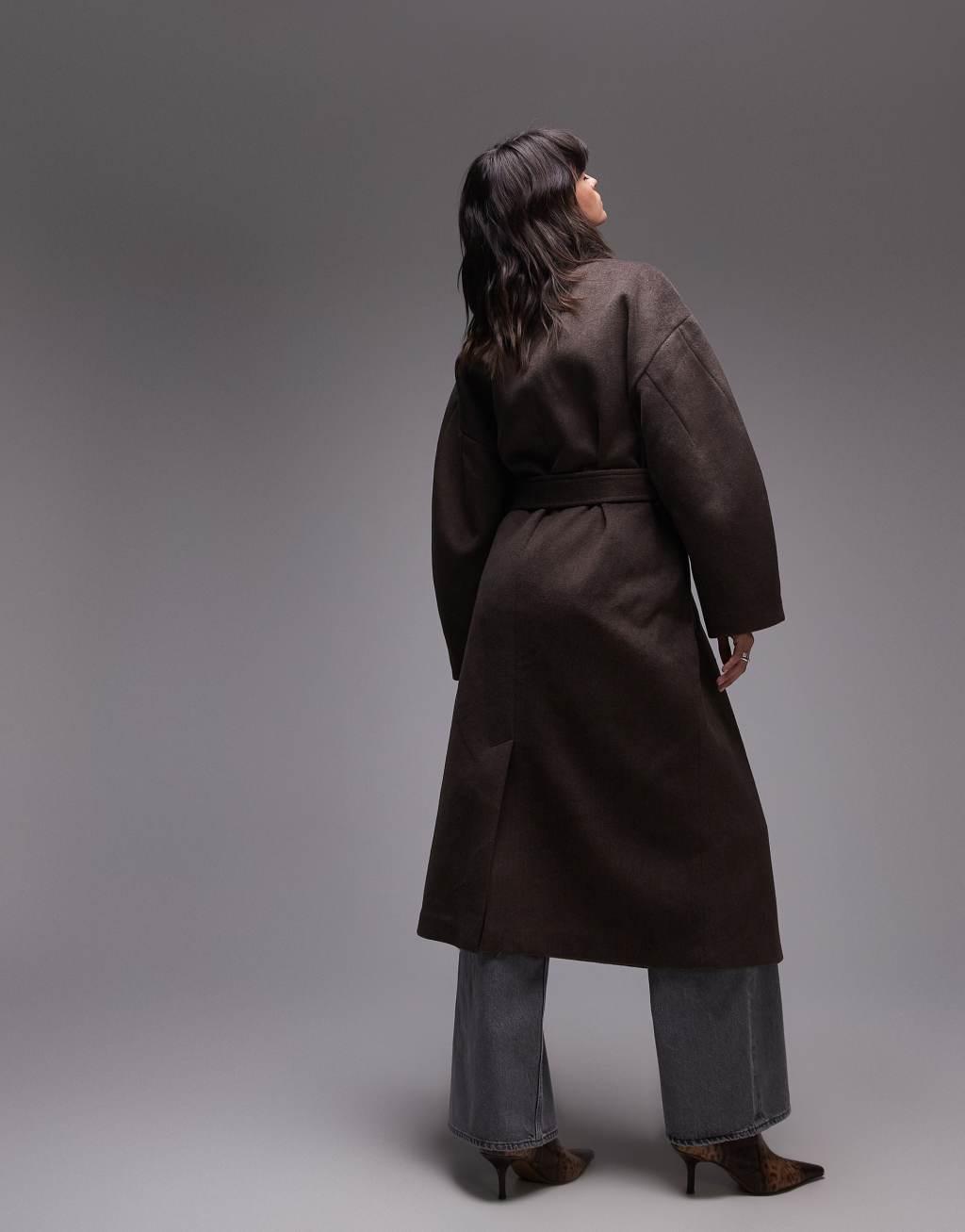 Topshop belted long line formal coat in brown Product Image
