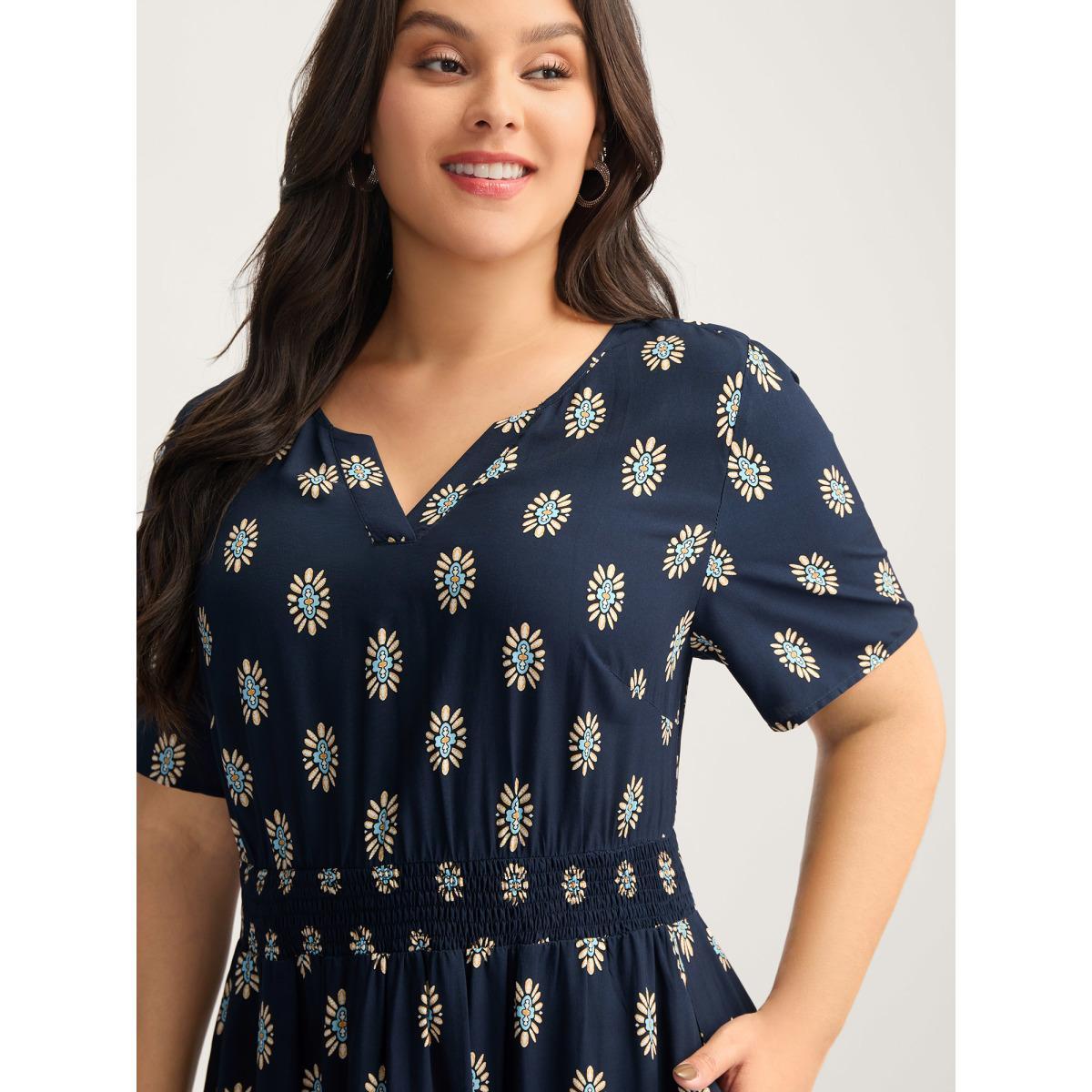 Plus Size Rayon Geometric Floral Print Shirred Midi Dress DarkBlue Women Notched collar Short sleeve Curvy BloomChic 10/M Product Image