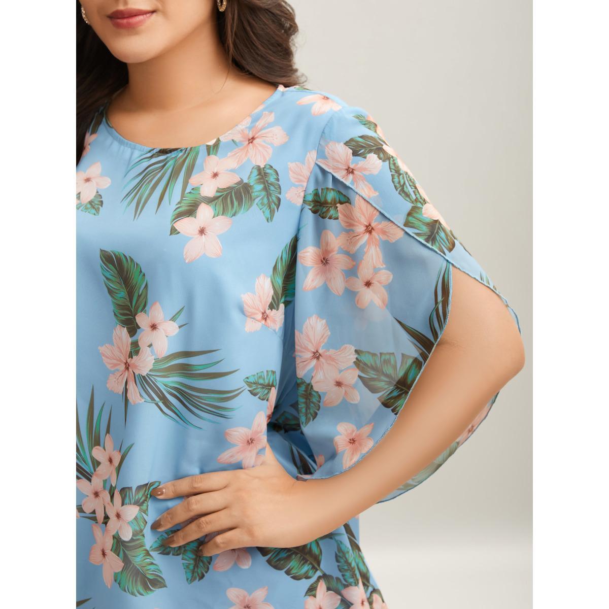 Plus Size LightBlue Petal Sleeve Floral Round Neck Shirt Women Elegant Elbow-length sleeve Round Neck Everyday Blouses BloomChic 10/M Product Image