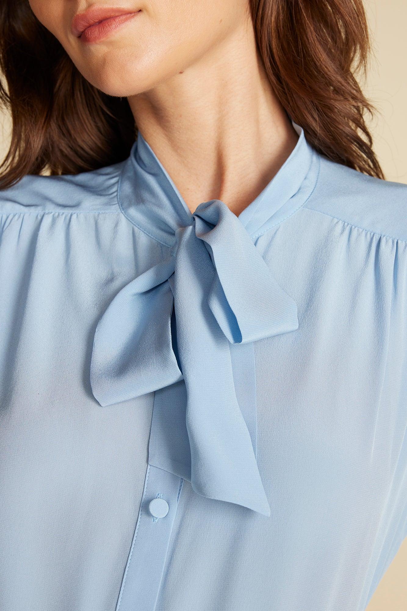 Milla Washable Silk Bow Blouse - Sky Blue Product Image