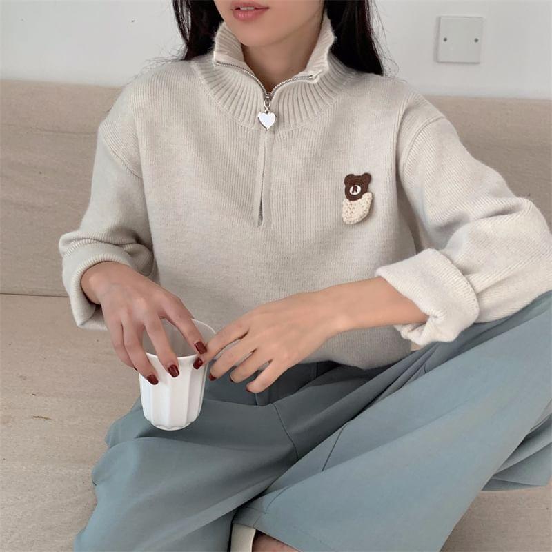 Turtleneck Bear Embroidered Half-Zip Sweater Product Image