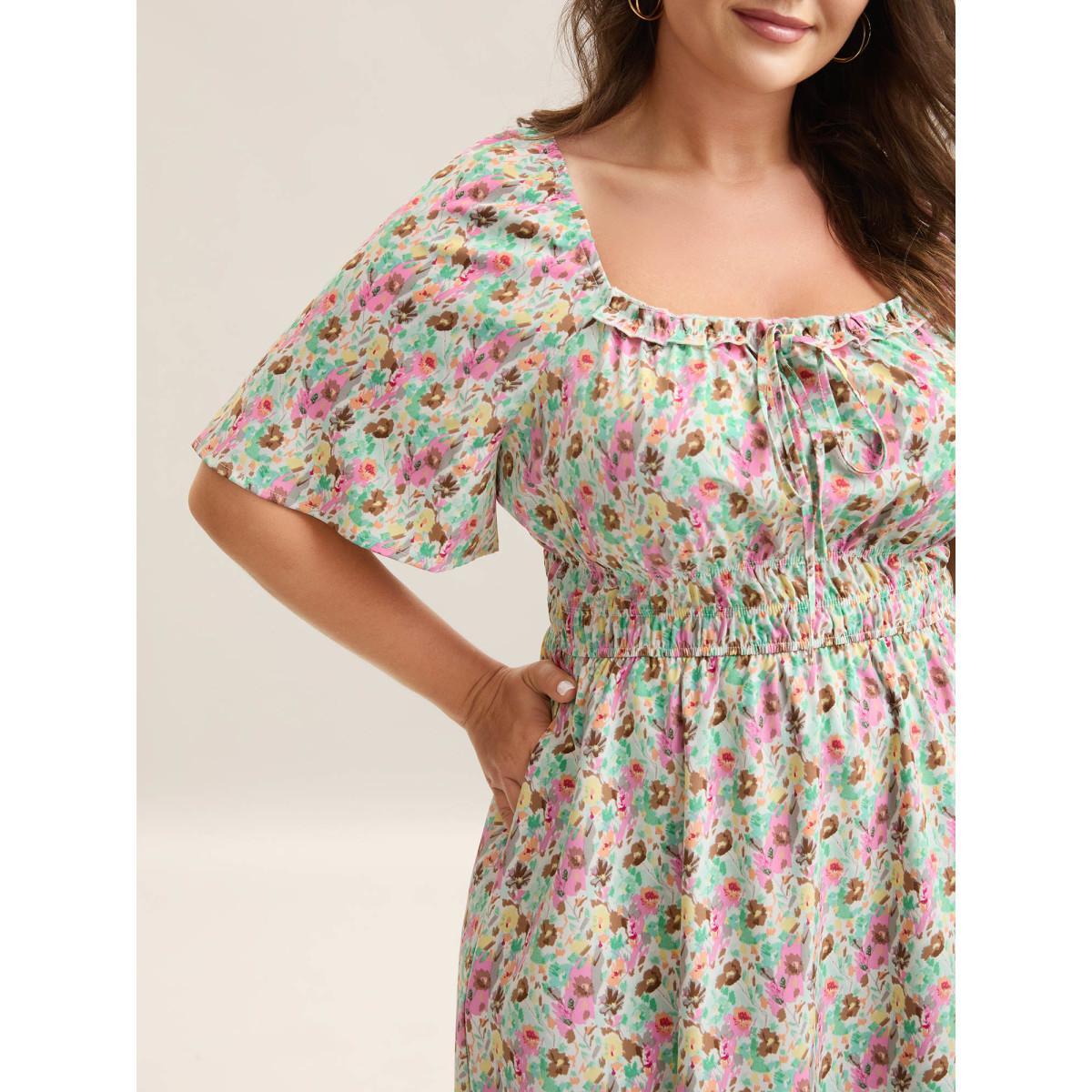 Plus Size Smocked Waist Floral Ties Tiered Maxi Dress Greenbean Women Elegant Tie knot Square Neck Short sleeve Curvy BloomChic 28/5X Product Image