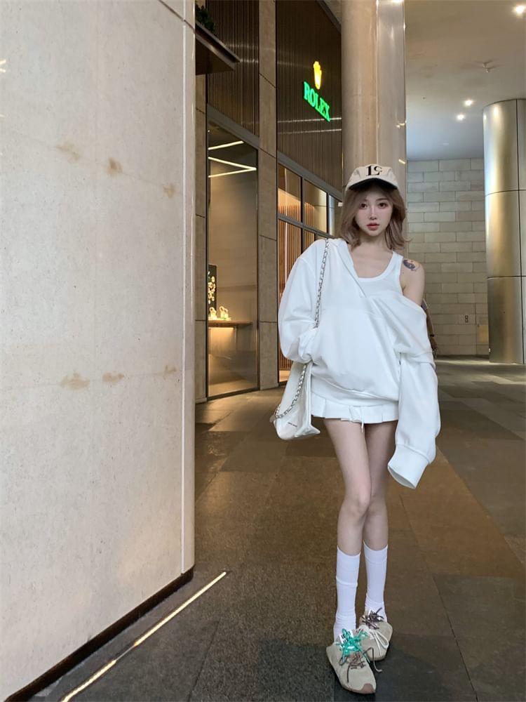 Loose Fit Plain Hoodie / Mini Pleated Skirt / Tank Top Product Image