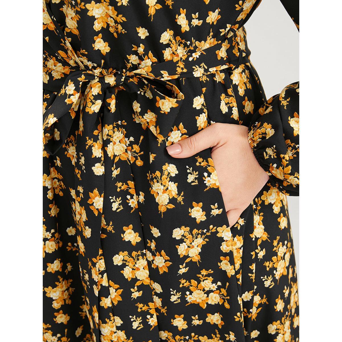 Plus Size Floral Printed Pocket Lantern Sleeve Belted Wrap Midi Dress Black Women Elegant V-neck Long Sleeve Curvy Midi Dress BloomChic 12/L Product Image
