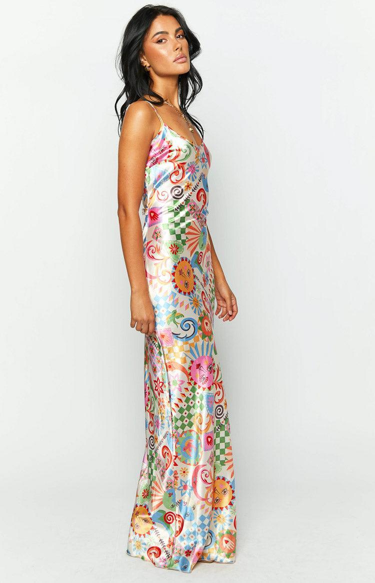 Renesmee Satin Summer Print Maxi Dress Product Image