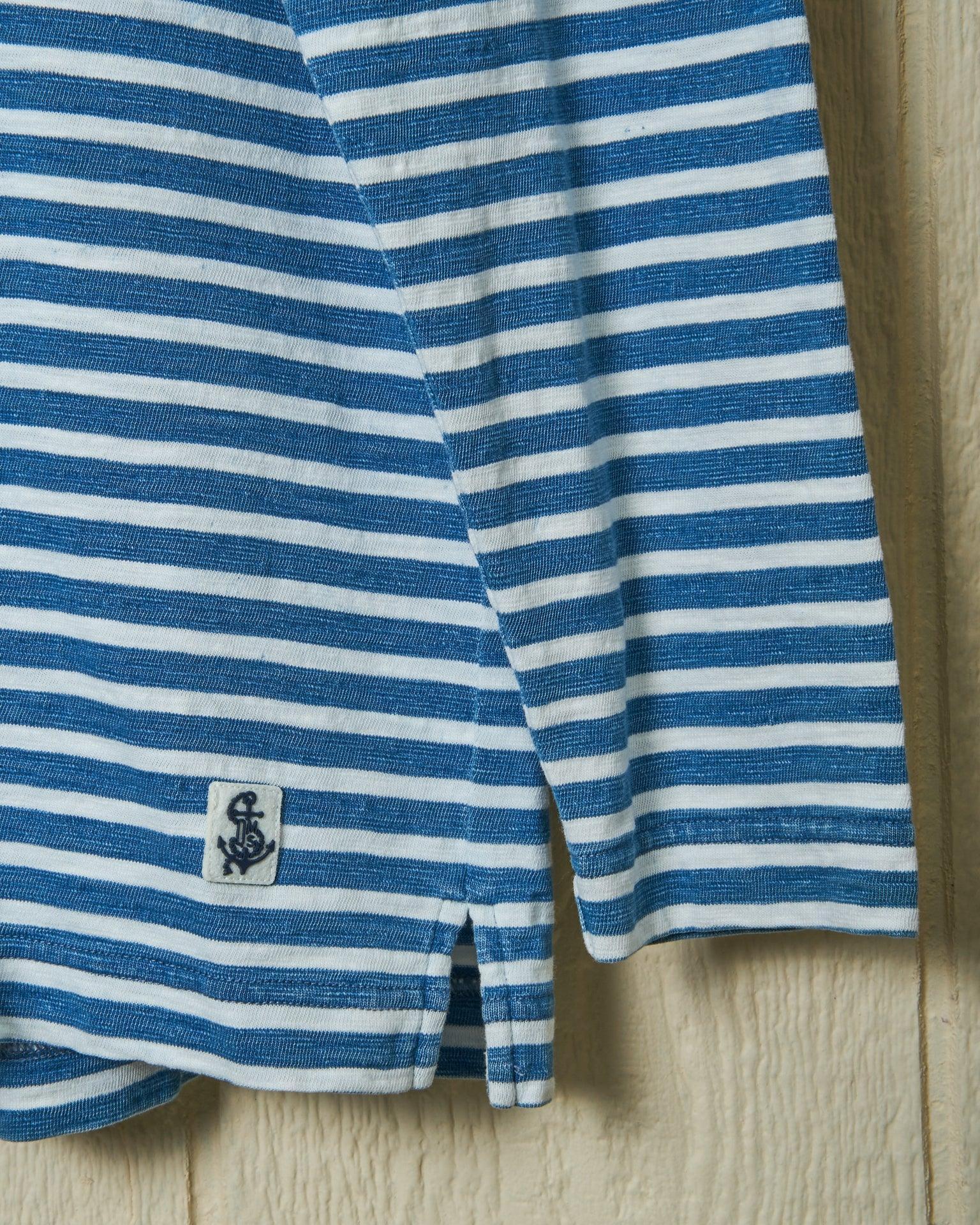 Long Sleeve Indigo Polo in Blue/White Even Stripe Product Image