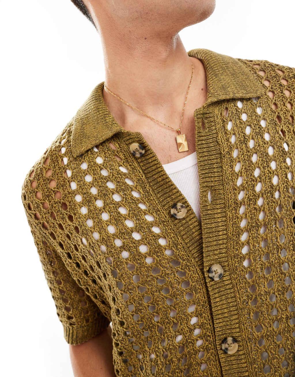 ASOS DESIGN relaxed knit pointelle button up polo in olive Product Image