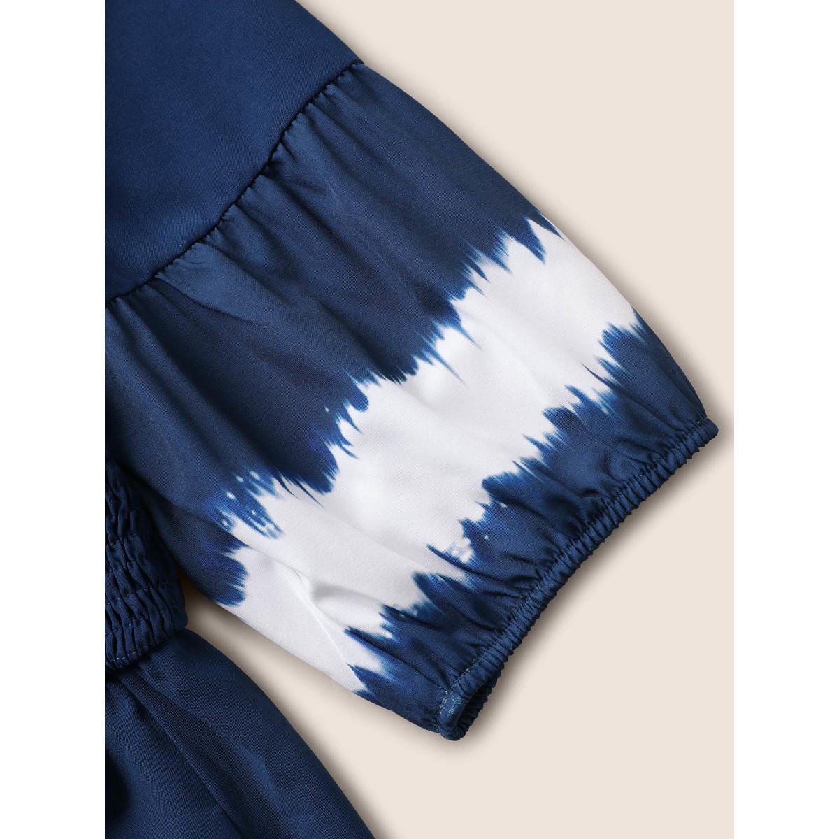 Plus Size Tie Dye Shirred Pocket Notched Dress DarkBlue Women Casual Non Notched collar Half Sleeve Curvy Midi Dress BloomChic 12/L Product Image