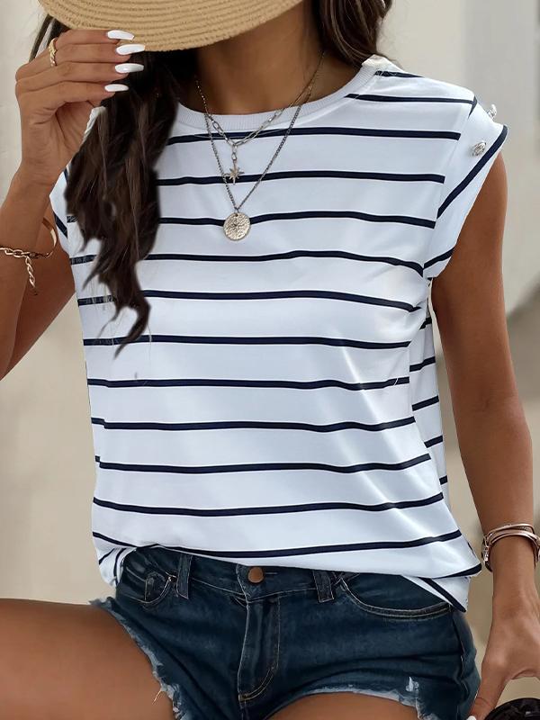 Loose Short Sleeves Split-Joint Striped Round-Neck T-Shirts Product Image
