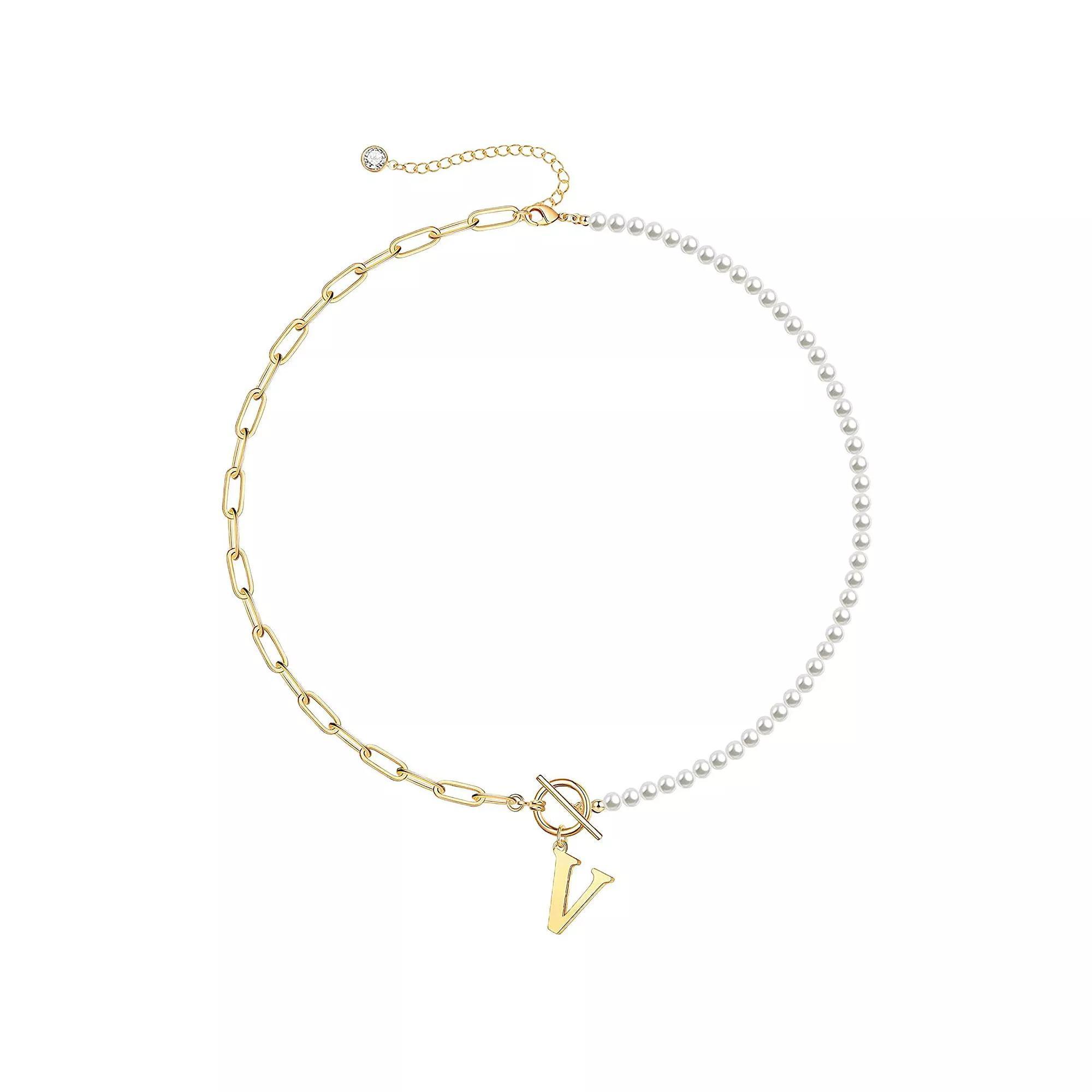 14k Gold Plated Initial Link Chain Necklace, Womens Gold Tone V Product Image