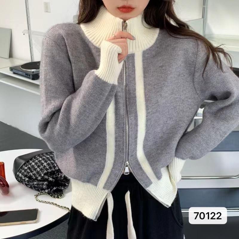 Stand Collar Two Tone Zip-Up Cardigan Product Image