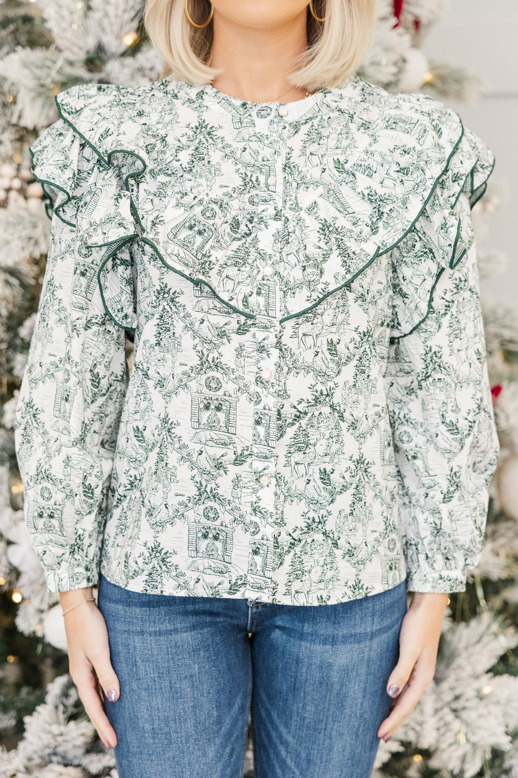 It's All Possible Emerald Green Holiday Toile Button Down Blouse Female Product Image