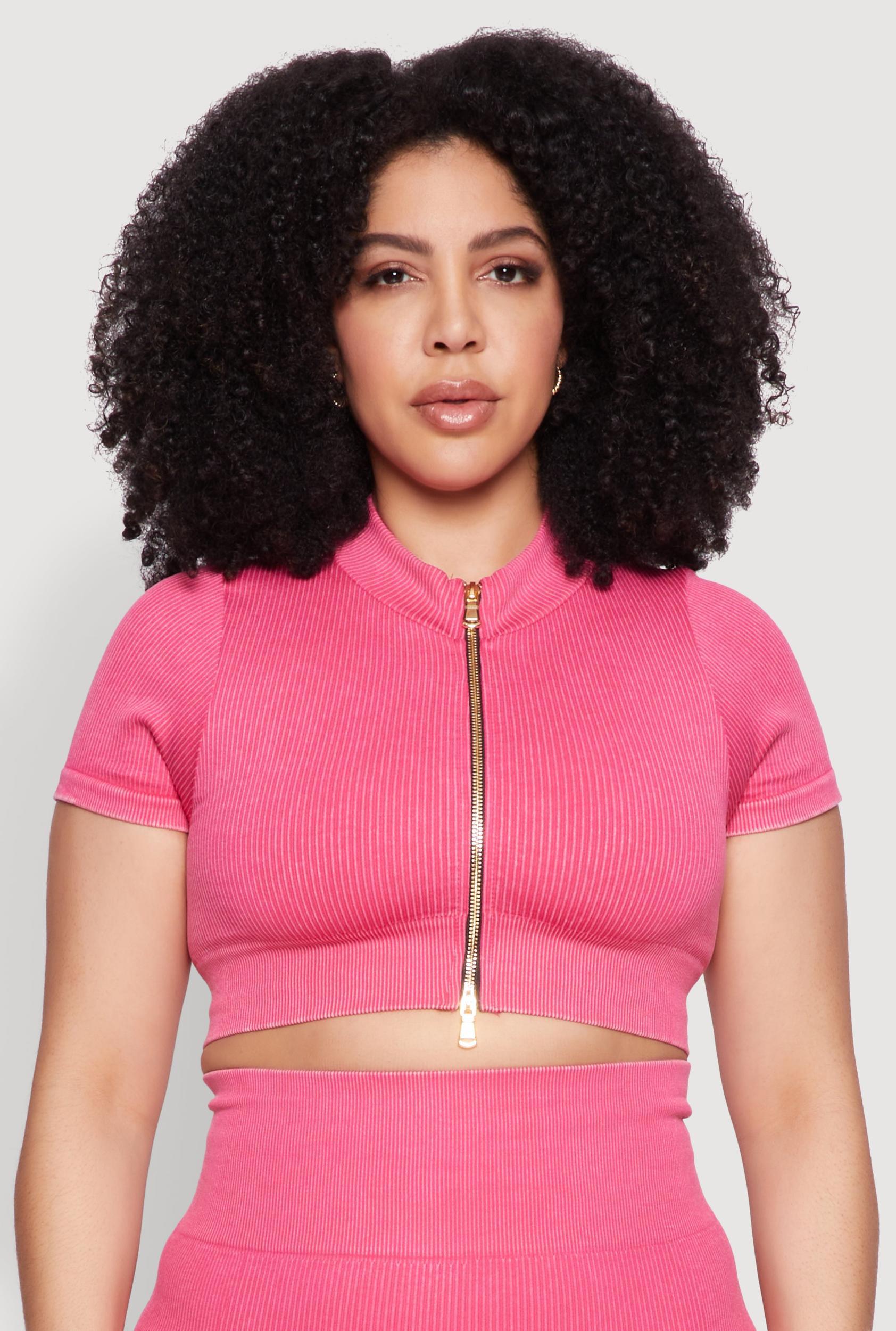 Womens Plus Size Daisy Mineral Wash Seamless Zip Front Top Product Image