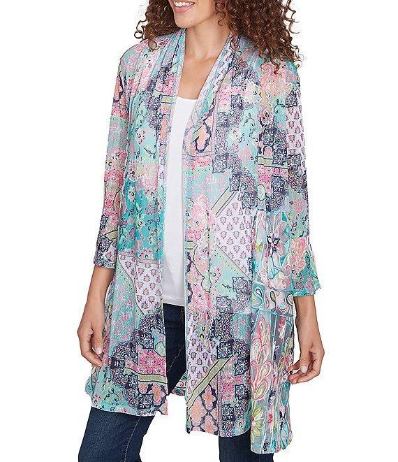 Ruby Rd. Paisley Patchwork Embroidered 3/4 Sleeve Open-Front Flowy Cardigan Product Image