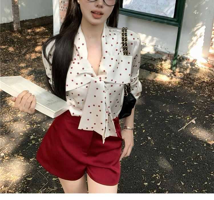 Long-Sleeve Dotted Blouse / Wide Leg Shorts Product Image