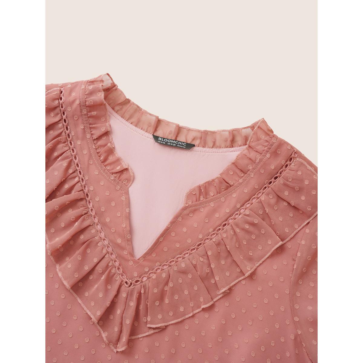 Plus Size DustyPink Texture Shirred Lace Patchwork Frill Trim Blouse Women Elegant Long Sleeve V-neck Everyday Blouses BloomChic 30/6X Product Image