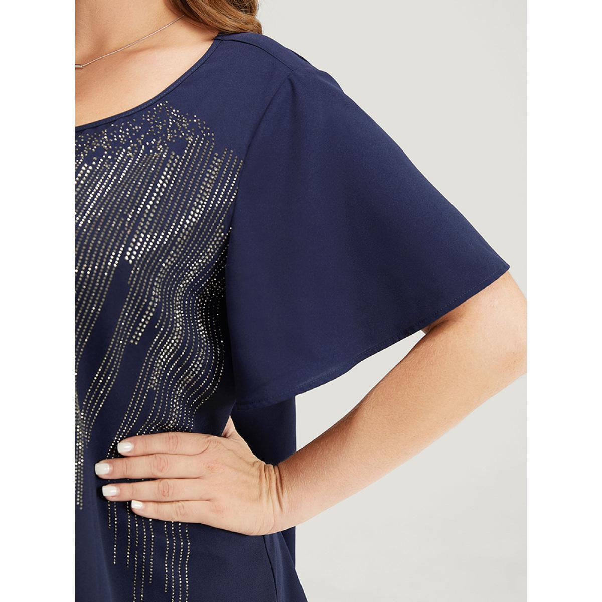 Plus Size Aegean Plain Rhinestones Detail Ruffles Sleeve Blouse Women Party Short sleeve Round Neck Dailywear Blouses BloomChic 18-20/2X Product Image