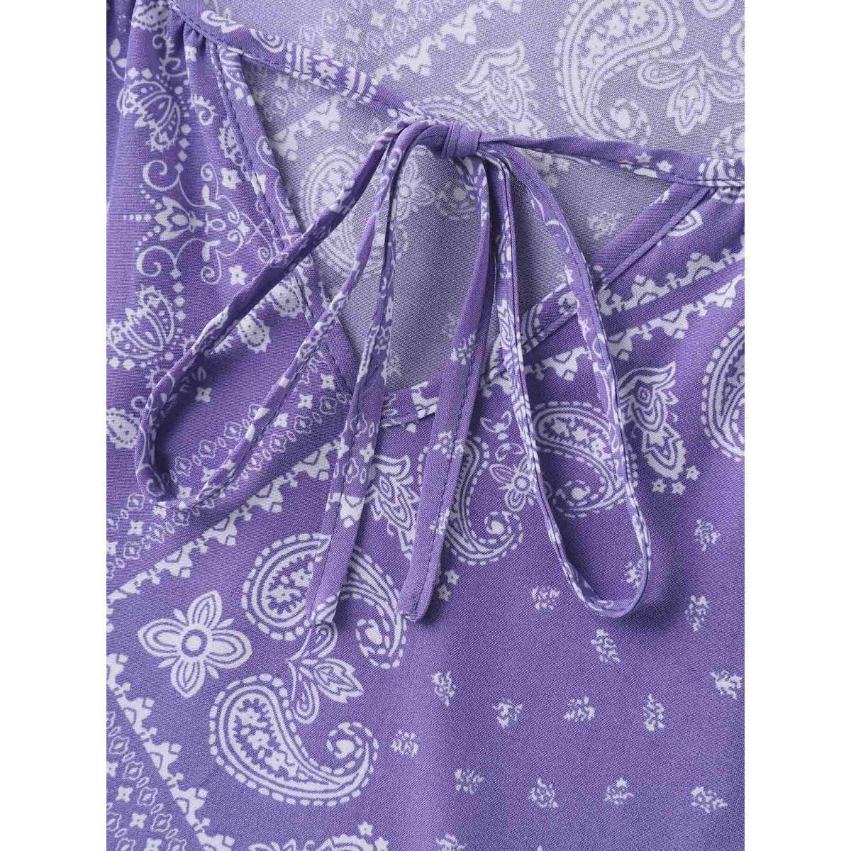 Plus Size Lavender Cube Floral Pattern Shirred Hem Blouse Women Short sleeve Round Neck Vacation Blouses BloomChic 12/L Product Image