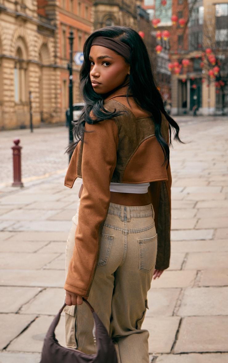 Brown Faux Suede Contrast Faux Leather Western Look Cropped Jacket Product Image