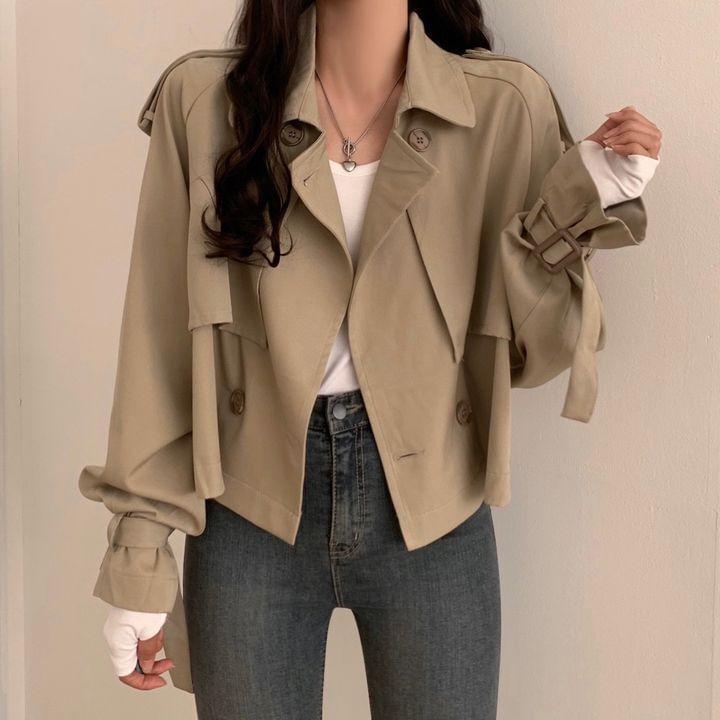 Collared Plain Double-Breasted Crop Trench Jacket Product Image