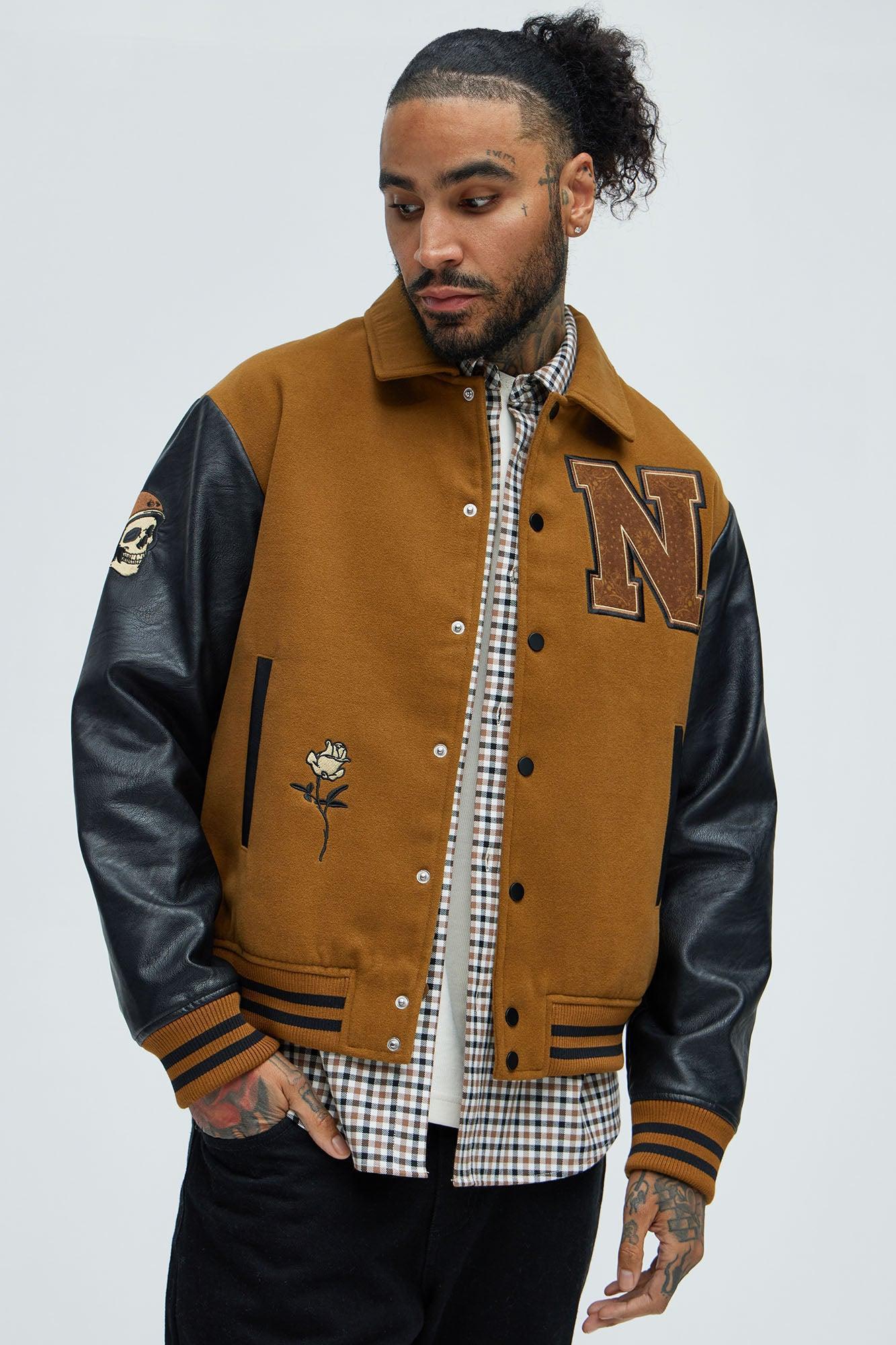 Captain Rose Varsity Jacket With Faux Leather Sleeves - Brown Product Image