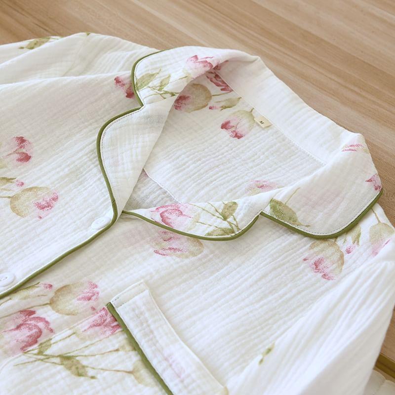 Pajama Set: Floral Shirt + Pants Product Image