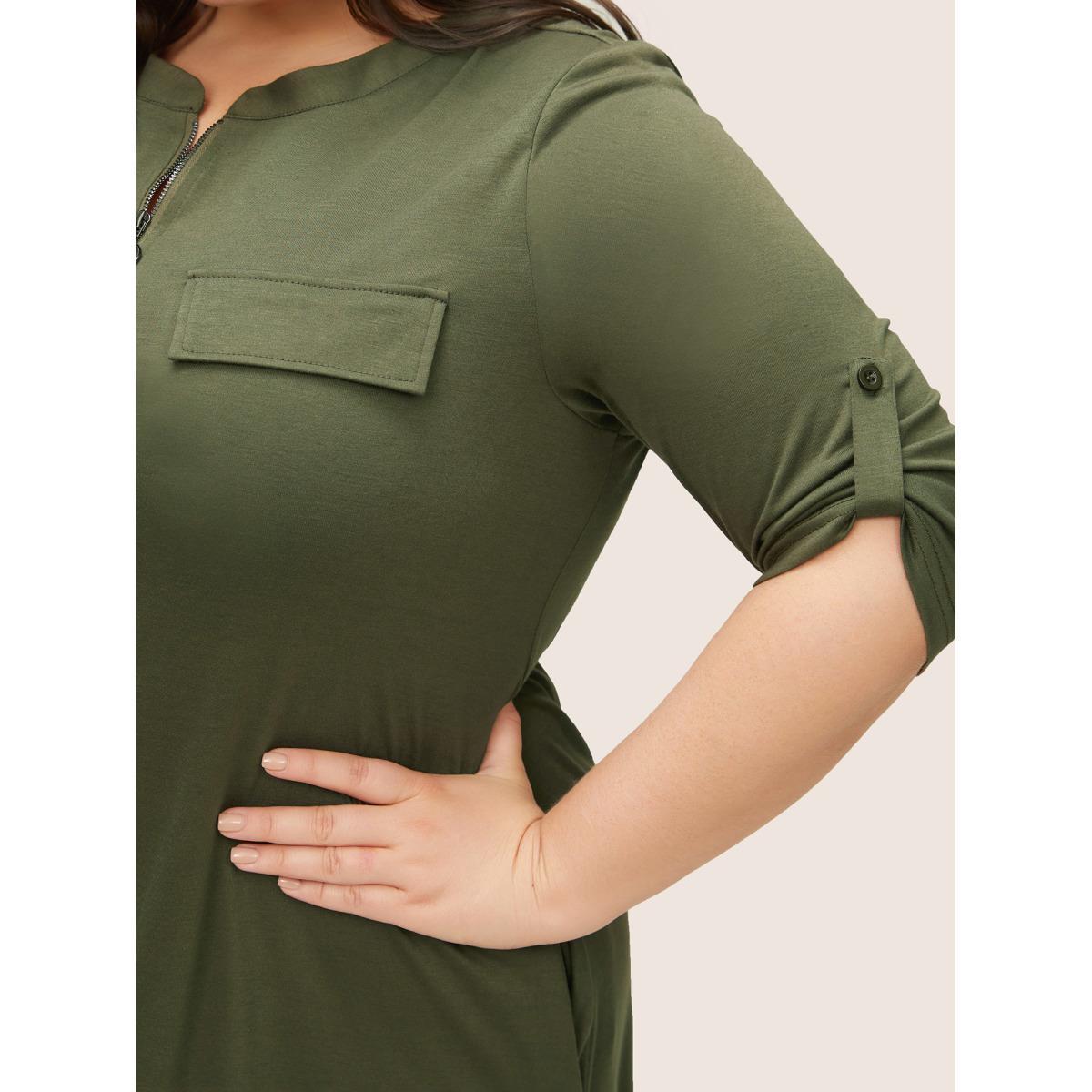 Plus Size Plain Half Zip Flap Detail Tab Sleeve Dress ArmyGreen Women At the Office Non Notched collar Elbow-length sleeve Curvy Midi Dress BloomChic 30/6X Product Image
