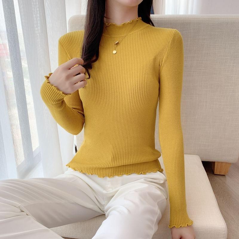 Long Sleeve Mock Neck Plain Ribbed Knit Top Product Image