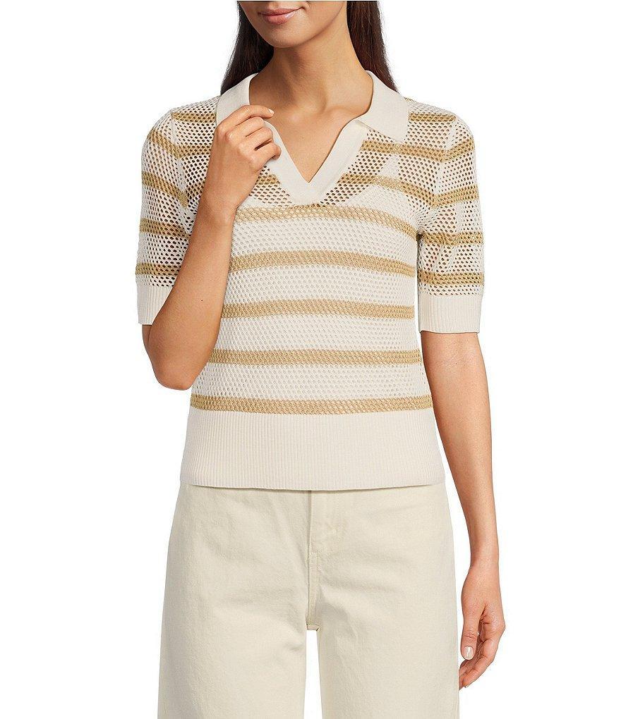 Le' AL.X Stripe Knit Wide Mesh Polo Collar V-Neck Short Rugby Top Product Image