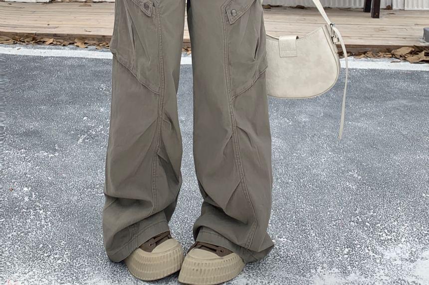 Mid Waist Plain Ruched Wide Leg Cargo Pants Product Image