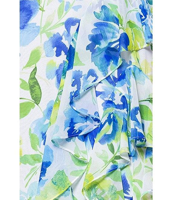 Betsy & Adam Chiffon Floral Print Halter Neck Sleeveless Ruffle Fit and Flare Maxi Dress Product Image