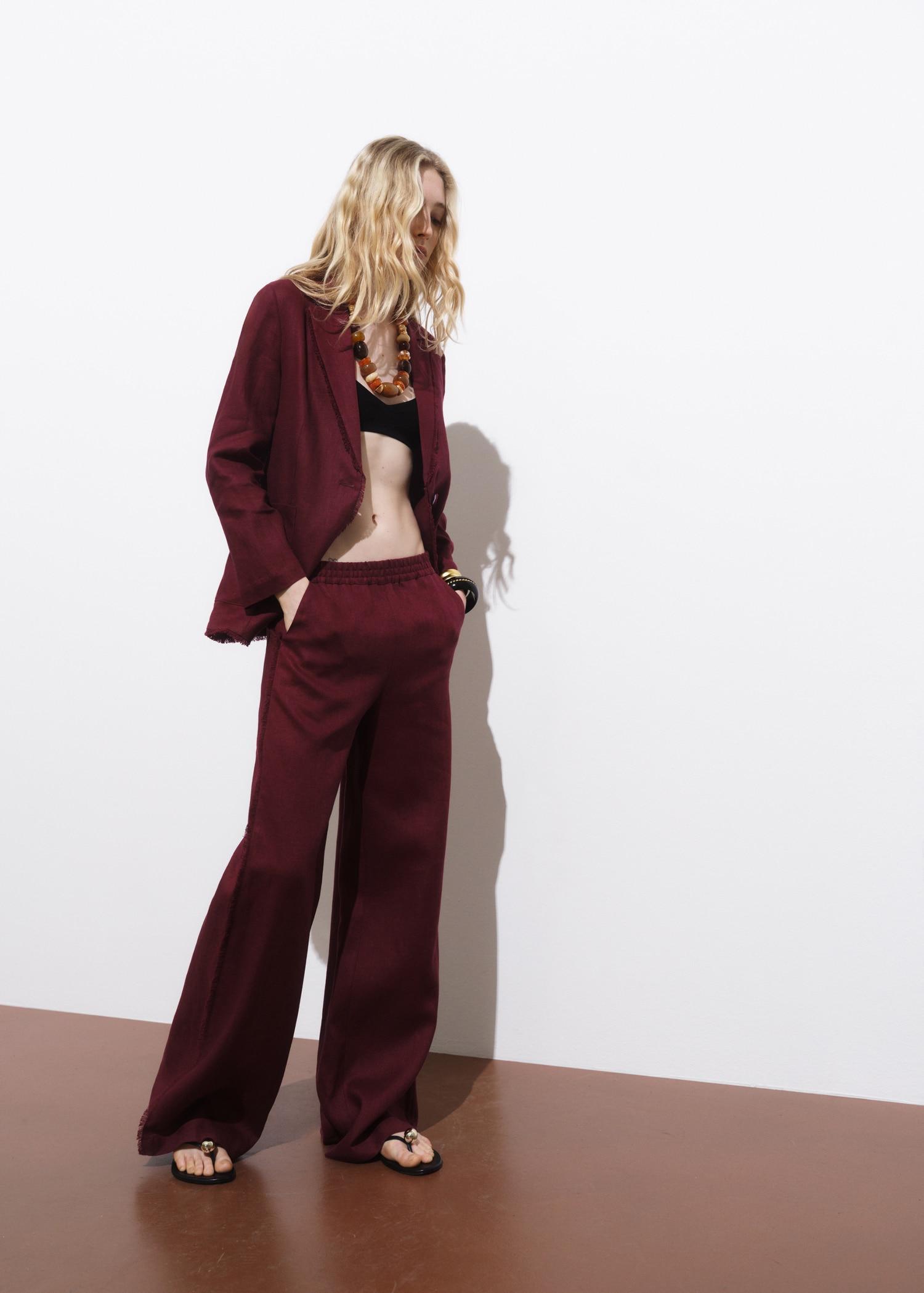 Linen suit blazer with frayed ends - Women | MANGO USA Product Image