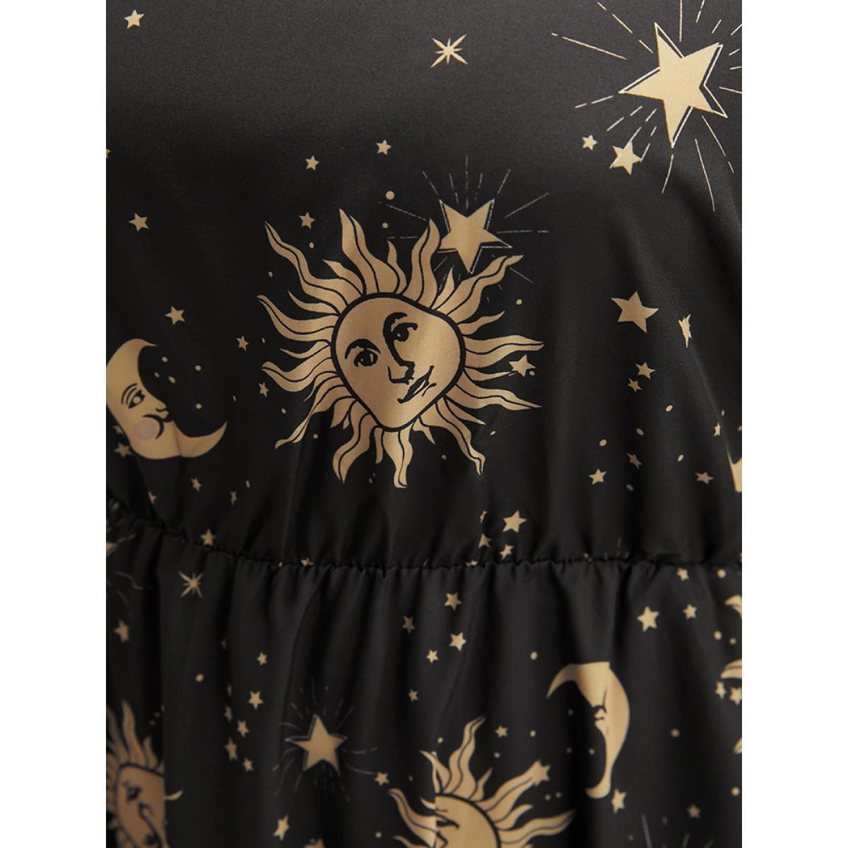 Plus Size Halloween Moon And Star Bell Sleeve Pocket Crew Neck Midi Dress Black Women Elegant Patchwork Round Neck Long Sleeve Curvy Midi Dress BloomChic 12/L Product Image
