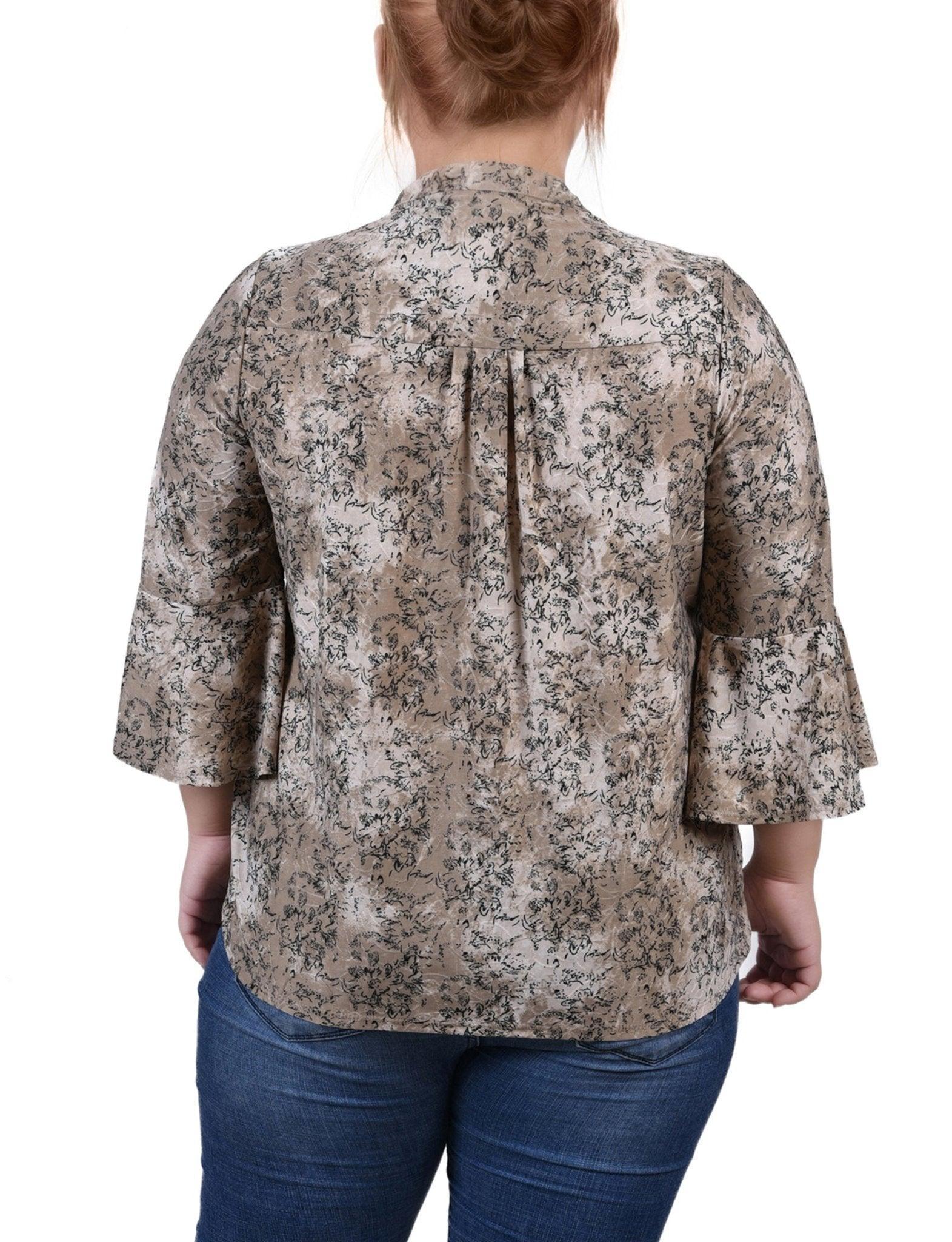Taupe Etch 3/4 Bell Sleeve Pleat Front Y Neck Top - Plus Product Image