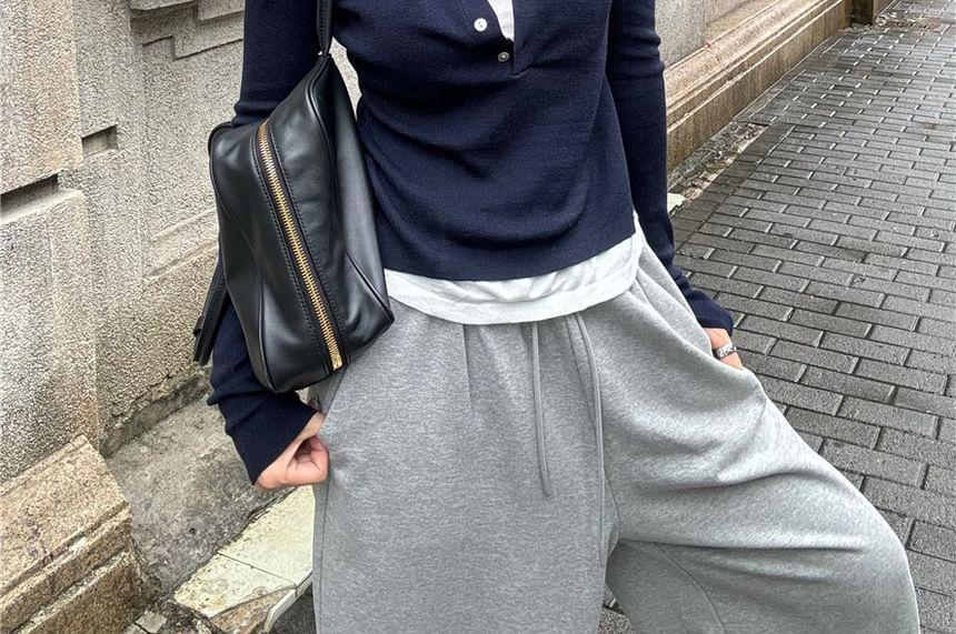 Mock Two-Piece Long-Sleeve Two Tone Knit Polo Shirt Product Image