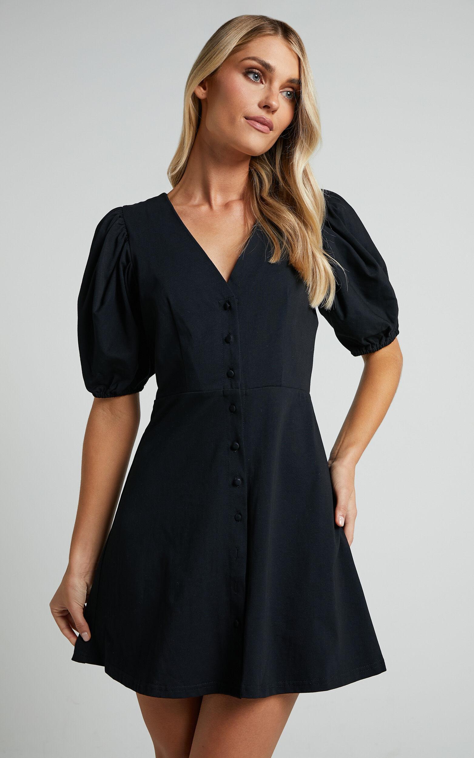 Rochelle Mini Dress - V Neck Button Through Dress in Black Product Image