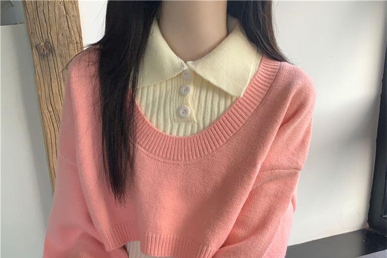 Set: Collared Plain Knit Tank Top + Scoop Neck Crop Sweater Product Image