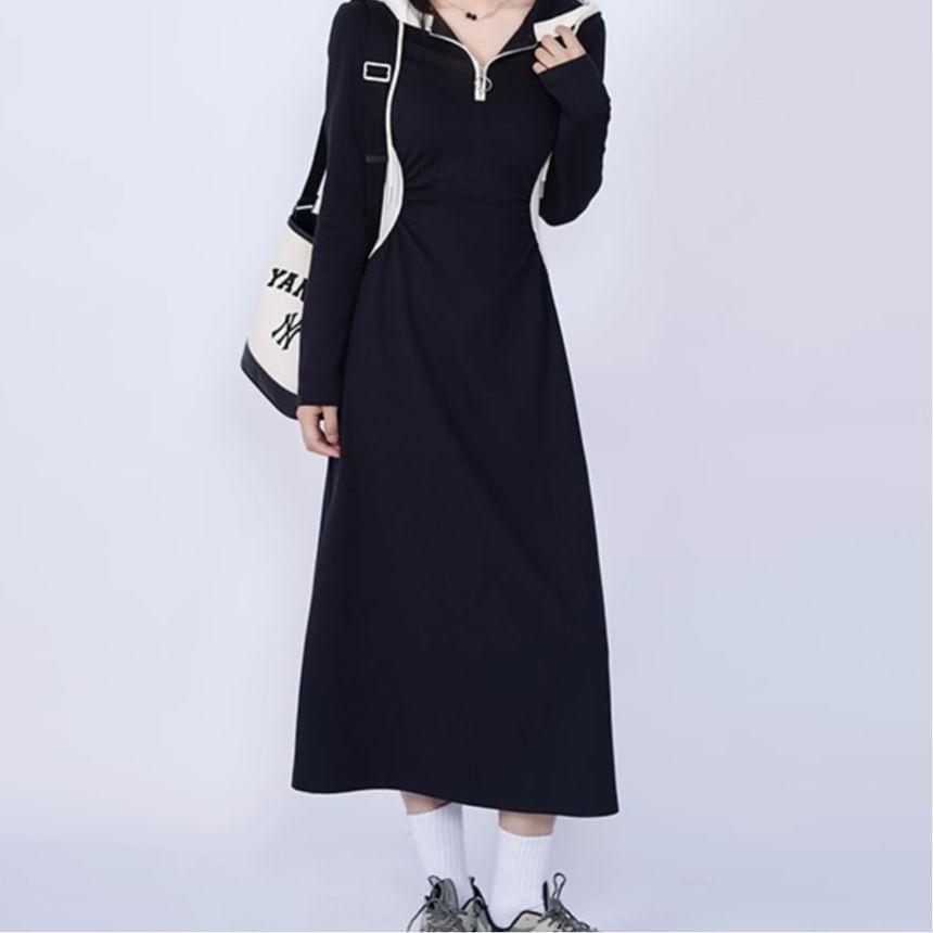 Long Sleeve Hooded Contrast Trim Midi A-Line Dress Product Image
